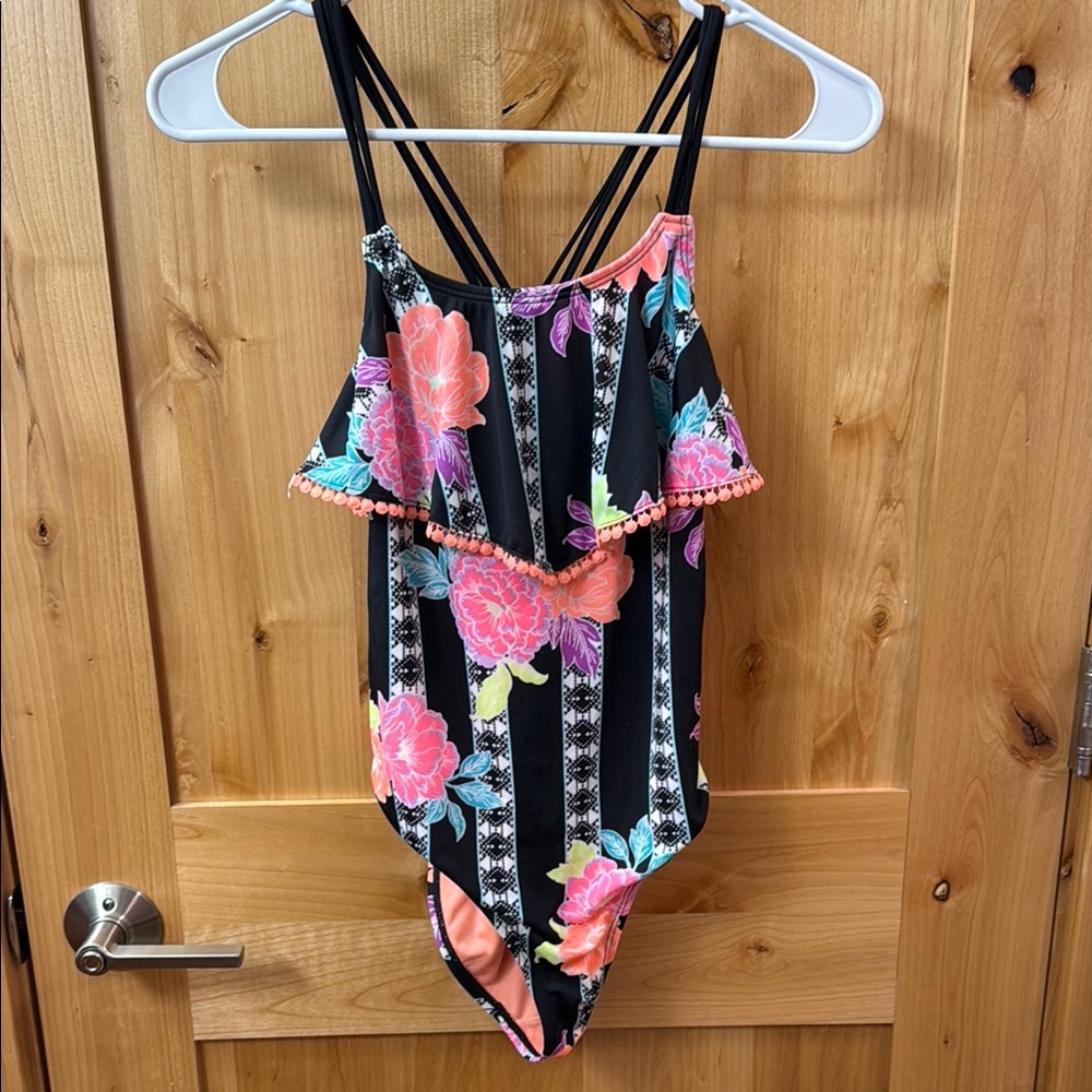 Floral Ruffle Kids Swimsuit - Black and Pink